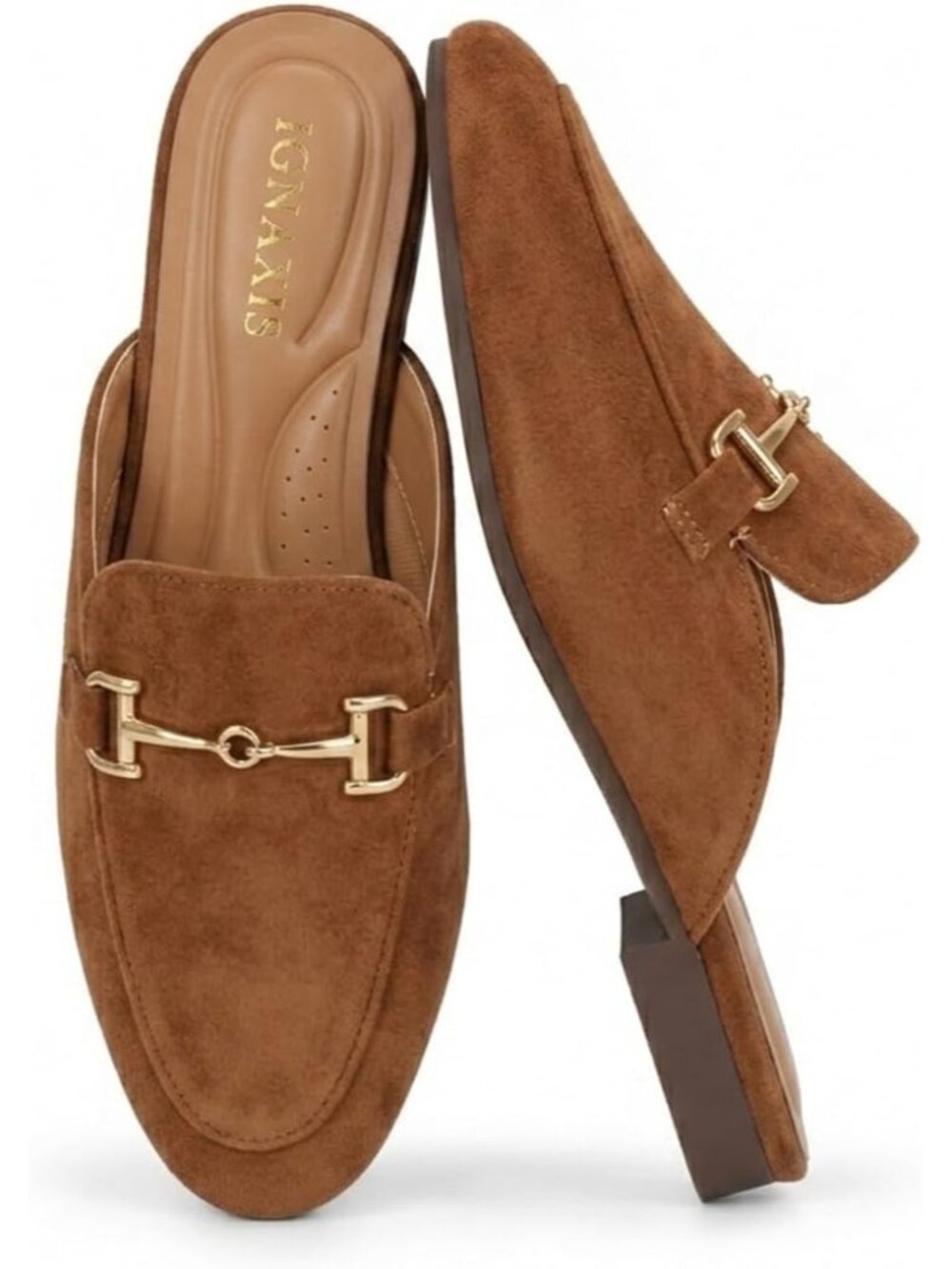 Women's Coffee Leather Flats Round Toe Mules Buckle Slip on Backless Loafer